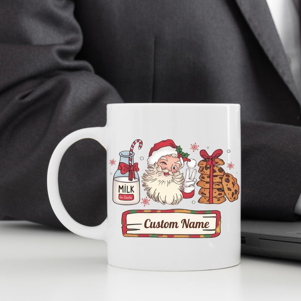 🎅 Personalized Christmas Mug - Retro Santa Claus, Milk & Cookies, Customizable